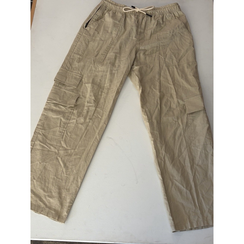 OAS Mens Size Large Beige Linen Cargo Drawstring Pants 30in Inseam 5011-01